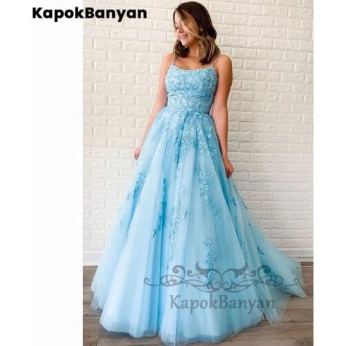 Spaghetti Straps Lace-up Lace Applique Long Tulle Prom Dresses Floor Length Party Gown
