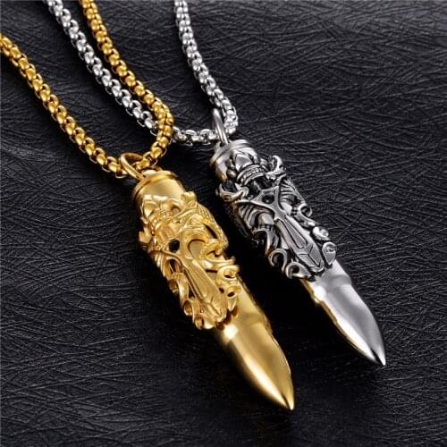 European American Fashion Man Necklace YMS N442 Trend Stainless Steel Color Gold Double Dragon Sword Bullet Pendant 55CM Jewelry