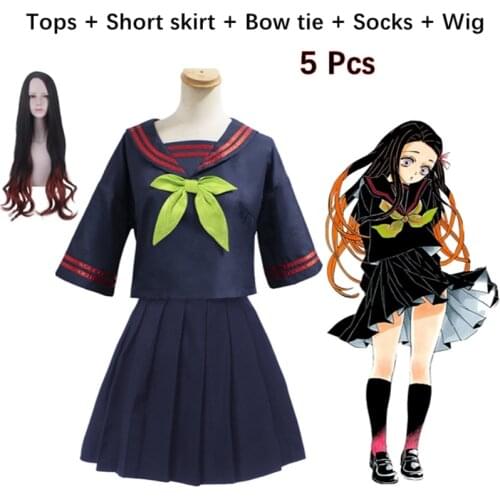Anime Demon Slayer Kimetsu no Yaiba Tanjirou Kamado Nezuko Cosplay Women Sailor Suit Girl Skirt JK School Uniform Costume Wigs