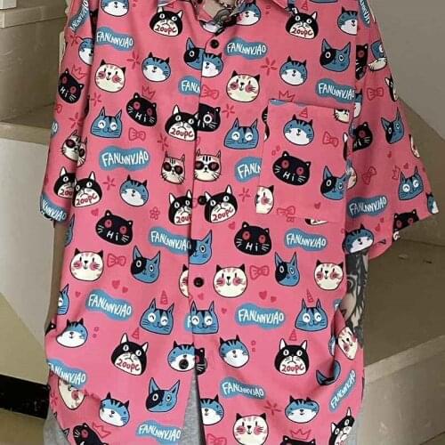 Summer Womens Short-Sleeved Shirt Loose Retro Shirt Fun Cartoon Cat Head Shirt Mens Trend Casual Short-Sleeved Shirt Blouse
