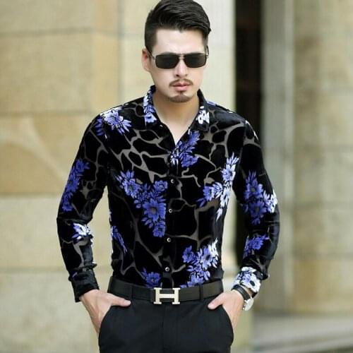 New arrival 2017 male hollow floral dress shirt sexy man see through clothes transparent long sleeve shirts