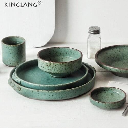 KINGLANG Retro Ceramic Tableware Set House Hotel Use Dinnerware Matte Dishes Green Color Plates and Bowls