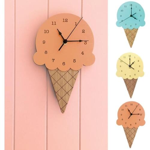 Nordic Style Ice Cream Sharped Wall Hanging Clock Cartoon Silent Non-Ticking Battery Powered Home Living Room Office Decor