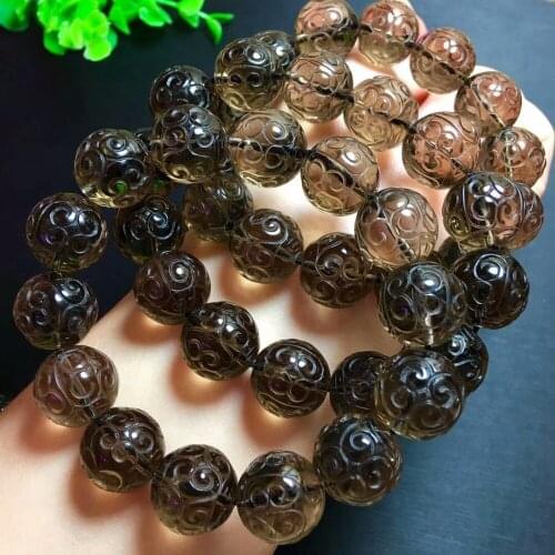 Genuine Natural Brown Quartz Smoky Crystal Quartz Round Craved Beads Healing Stone Woman Man Bracelet 16mm Drop Shipping AAAAA