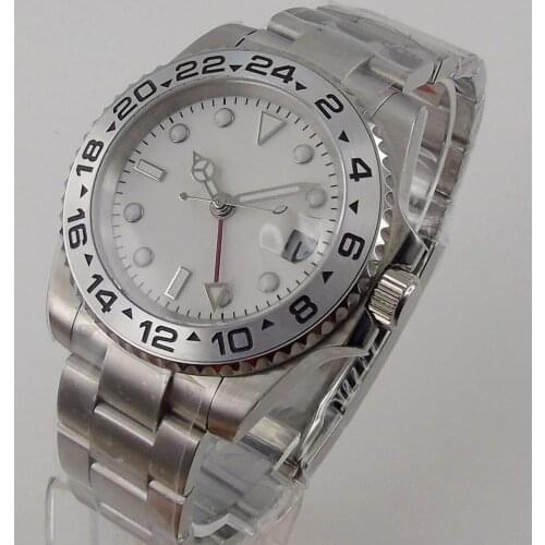 Red GMT New Arrival Automatic Mens Watch White Dial Brushed Oyster Bracelet Spaphire Glass Steel Metal Bezel