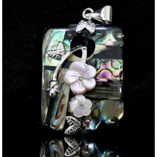 Fashion natural rectangle abalone shell 30x44mm carved plant flower silver-color accessories pendant B1117