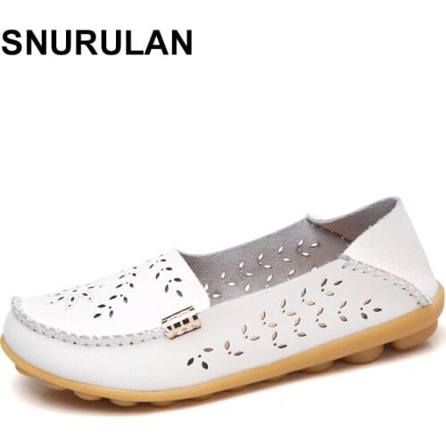 SNURULANWoman Fashion GenuineLeather Shoes Woman Loafers Slip-On Casual Flats Moccasins Ladies Shoe Cut-Outs Mother FootwearE413