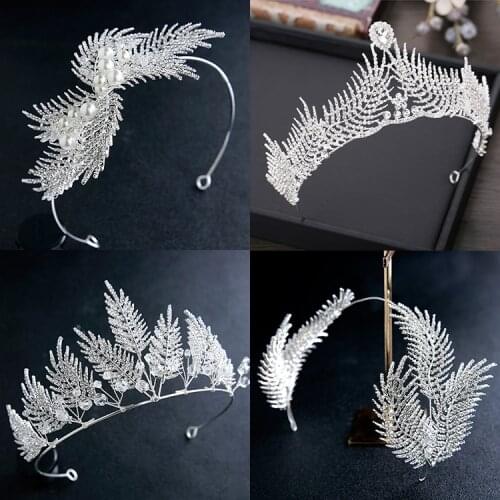 HIMSTAORY Wedding Crystal Crown Tiara Bride Hair Accessories Wedding Head Pieces Leaf Diadem Head Jewelry Hairwear