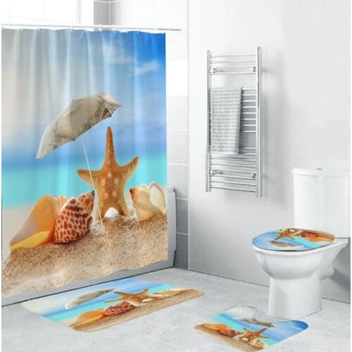 Summer Beach Holiday Bath Curtain Set Ocean Shell Starfish Print Shower Curtain Toilet Lid Cover Anti Slip Bathroom Rugs 4 Piece
