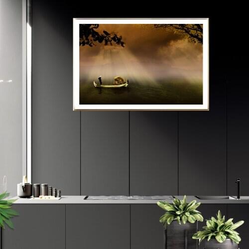 Fisherman Boat River Holiday Poster Canvas Print Painting Wall Art Living Room Home Decoration
