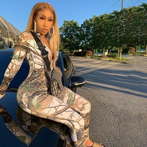 Women Autumn Jumpsuits, Forest Printed Long Sleeves Zipper Open Formfitting Bodysuits for Ladies, Yellow/Green