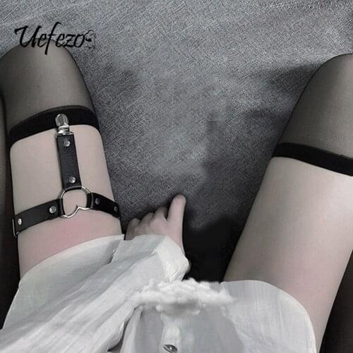 Uefezo Women Punk Heart Sexy PU Leather Garter Belt Harajuku Elasticity Body Harness Tight Suspender Strap Leg Harness Bondage