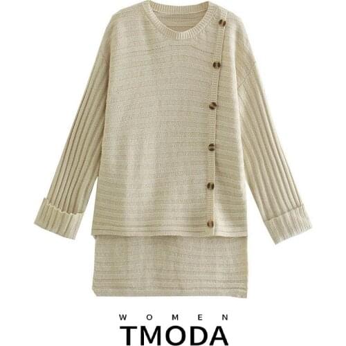 TMODA2041 Za 2021 Women Fashion Button Design Loose Asymmetry Knitted Sweater Vintage Long Sleeve Female Pullovers Chic Tops