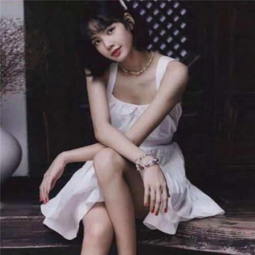 Kpop Korean Summer New White Female Pleated Lace Square Collar Cute Sling Dress Women Streetwear Sexy Loose Lace-Up Mini Dresses