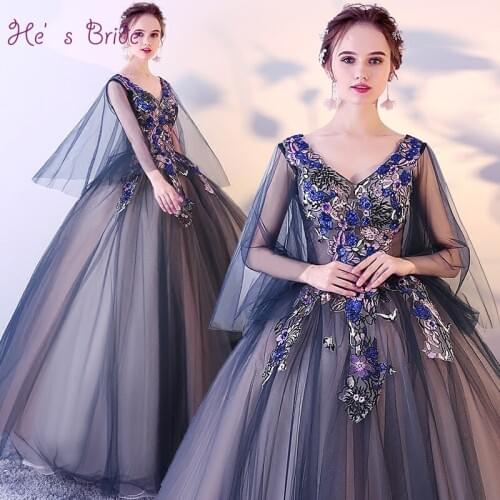 Hes Bride V-neck Appliques Flare Sleeves Lace Up Back Floor-Length Ball Gown Tulle Dark Blue Wedding Dress Custom Bride Dress