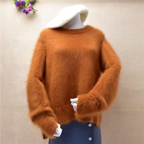 Winter clothes women female o-neck hairy fluffy mink cashmere knitted long sleeves slit tail loose pullover angora fur jumper