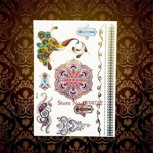 1PC Hot Sale Women Gold Henna Hexagon Flower Removable Waterproof Tattoo Sticker Fake Phoenix Design Flash Hamsa Hand Tattoo H58