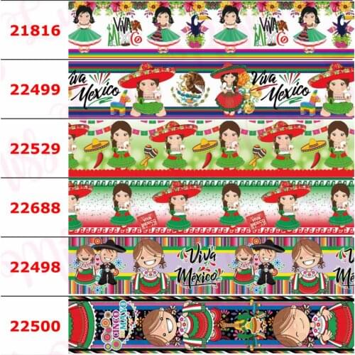 16mm-75mm Mexico Girl Series Flower Cactus Printed Grosgrain/Elastic Ribbon Cartoon Alpaca DIY Hair Bowknots 50yards/roll