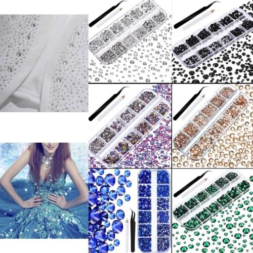 2000pcs Flat Back Gems Round Crystal Rhinestones with Pick Up Tweezer Picking Pen for DIY Crafts Nail Art Clothes Shoes Bags