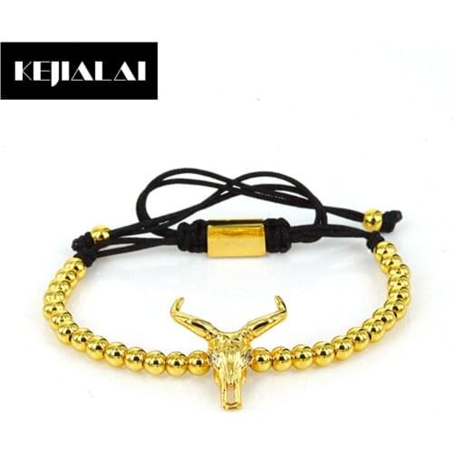 2017 Fashion Men Jewelry American Old West Goat skull Charm Bracelet for Women Gold Color Round Beads Braiding Macrame Bracelet