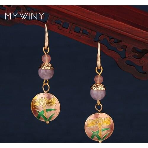 3 colors NEW MYWINY fashion Copper jewelry vintage earrings women,Chinese wind enamel cloisonne dragonfly earrings jewelry