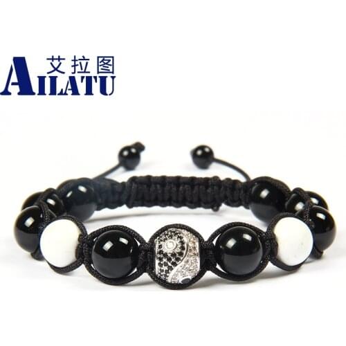 Ailatu Wholesale 10pcs/lot New Yingyang Cz Beads with 10mm White Howlite & Black Onyx Stone Beads Distance Macrame Bracelet
