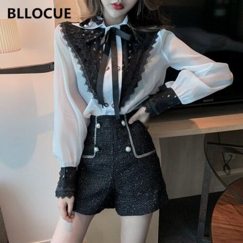 BLLOCUE Korean New Pattern Women Fashion Bow Lapel Long Sleeve Chiffon Shirt Top+Double-Breasted Woolen Short Pants 2 Piece Set
