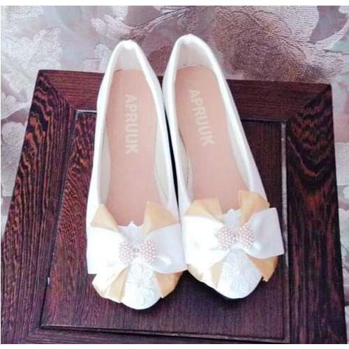Champagne butterfly-knot white bow brides flats shoes woman female womans bowtie bridal lady party proms dress daning shoes