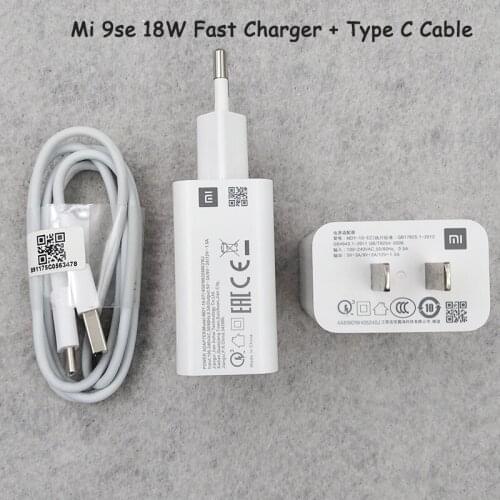 Original Xiaomi Mi 9 SE Fast Charger QC3.0 18W Quick Charge Adapter USB Type C Cable For Mi 8 se A2 A3 CC9 Note 10 Redmi Note 9