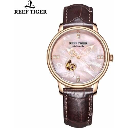 Reef Tiger/RT Luxury Fashion Watches for Women Automatic Rose Gold Pink Shell Dial Analog Watches relogio feminino RGA1582