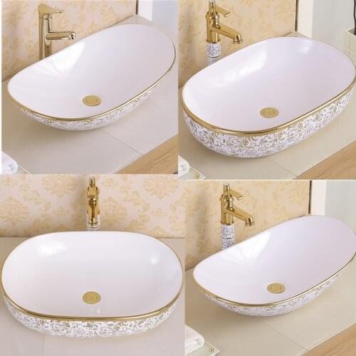 European Style Above Counter Basin Ceramic Wash Basin Household Bathroom Square Shampoo Bowl Golden Vessel Sink Portable Sink
