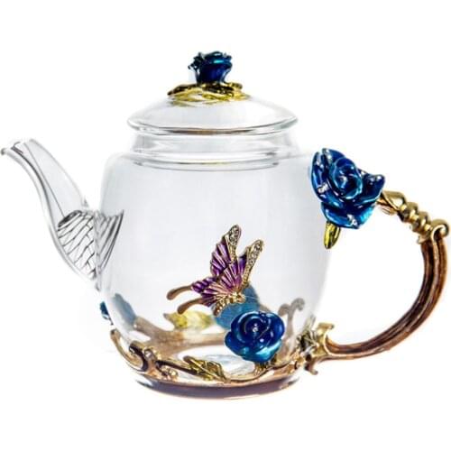 Red Rose Enamel Heat-resistant Crystal Glass Filter Teapot Household Drinkware Creative Coffee Pot Office Water Kettle Tea Set