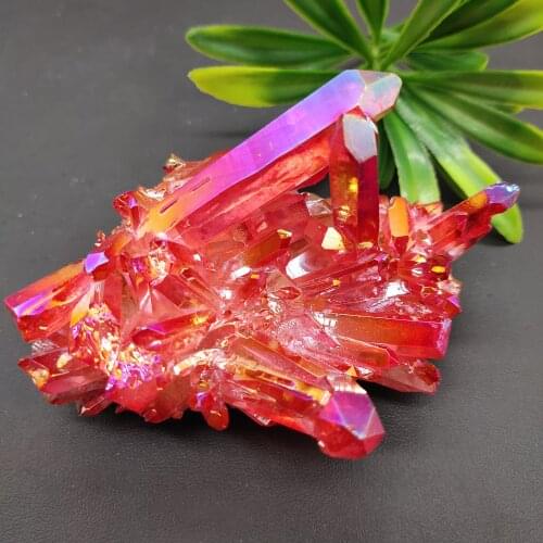 Red Electroplated Natural Crystal Cluster Specimen Raw Rock Quartz Flowers Aura Stones Gift Modern House Decor