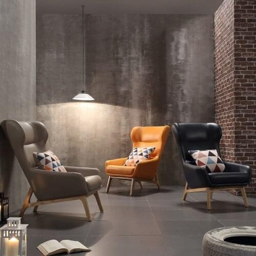 Nordic Single-Seat Sofa Chair Modern Solid Wood Bedroom Living Room Leather Casual Chair High Back Wingback Chair