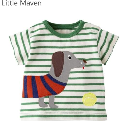 Little Maven Brand New Summer Boys Lovely Sausagedog Short Sleeve O-neck Striped Cotton Causal Children TShirt