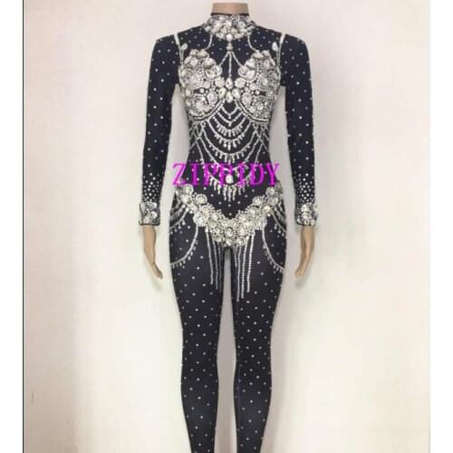 Fashion Shining Crystals Black Jumpsuit Womens Wear Celebrate Bodysuit Bright Rhinestones Costume Female Singer Outfit