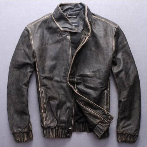 Vintage genuine hand make double color slim fit sheepskin wind jacket real cowskin fashion leather coat men