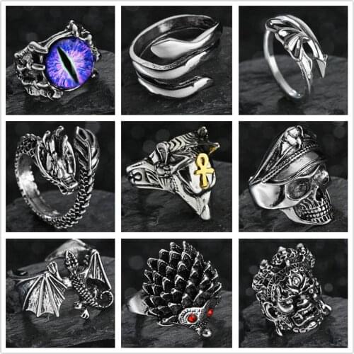 Punk Vintage Men Retro Dragon Claw Evil Eyes Rings Devil Eyeball Snake Animal Male Red Crystal Finger Ring Jewelry Halloween Gif