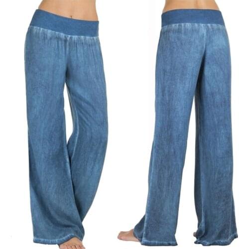 2021 Summer New Style European Elastic Waist Wide-Leg Pants Fashion Womens Urban Casual Denim Trousers Wide-Leg Pants