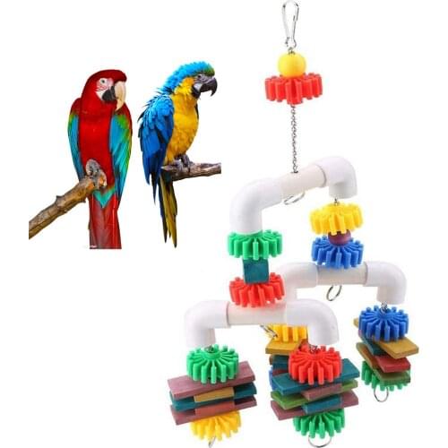 Parrot Chew Toy, Colorful Wooden Blocks Hanging Toy Pet Bird Biting Plastic Tube Toy