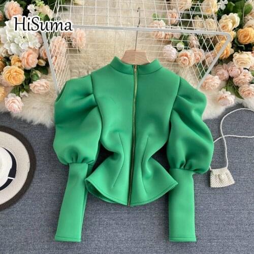 2021 spring new female o-neck puff sleeve zipper cotton shirts women elegant slim fashion blouses fairy shirt