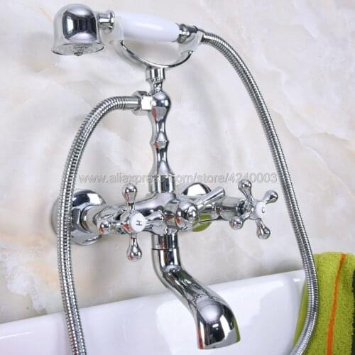 Modern Chrome Wall Mount Telephone Euro Bath Tub Faucet Mixer Tap w/ Handheld Spray Shower Kna187