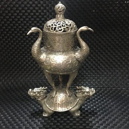Antique MingDynasty silver pot ,Tortoise crane incense burner,Hand carved crafts,Decoration,collection &Adornment,Free shipping