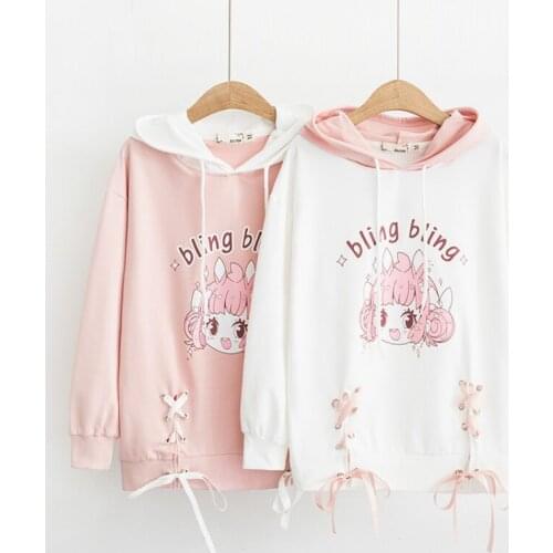 Mori Girl Kawaii Sweet Lolita Women Hooded Hoodies Spring Long Sleeve Pink Cute Girls Lace Up Cross Sweatshirt Female Pullovers