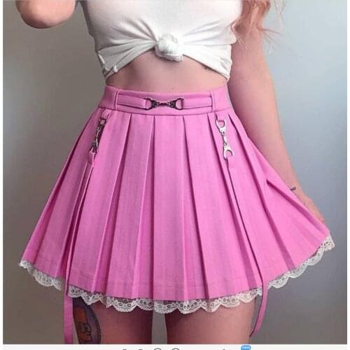 Spring Summer Sexy Women Pleated Skirts High Waist Solid Color Lace Mini Skirts With Suspender