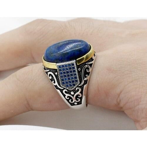 Vintage Natural Lapis Lazuli Stone Men Ring Sterling Silver 925 Pave Setting Blue CZ Male Rings Antique Silver Turkey Jewelry