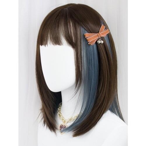 Highlight Blue Brown Wig Harajuku Lolita Hair 40CM Long Straight Hair Bangs Adult Girls Women Men Cosplay