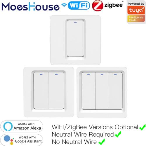 WiFi ZigBee Smart Push Button Switch No Neutral Required 2MQTT Setup Tuya APP Control with Alexa Google Home 2/3 Way EU UK NEW