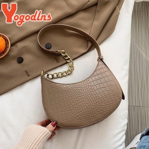 Yogodlns Alligator Pattern Shoulder Bag Women PU Leather Half-moon Bag Fashion Chains Crossbody Bag Designer Armpit Bag Purse