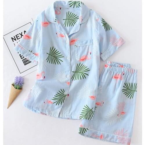 Women 100% Cotton Short Sleeves Ladies Pajama Set Shorts Cute Cartoon Sleepwear Japanese Simple Short Pyjamas Women Homewear